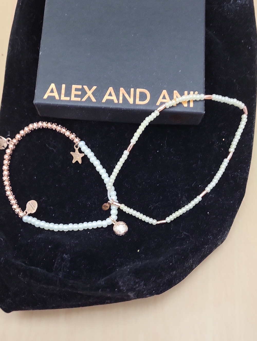 Alex and Ani Mint Beaded Ankle Bracelet Set with Rose Gold Accents